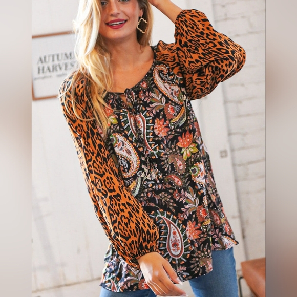 Haptics Tops - Boho Haptics Black Rust Paisley Leopard Front Tie Top